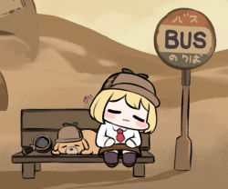Rule 34 | 1girl, :3, bench, blonde hair, blush, brown headwear, brown thighhighs, bubba (watson amelia), chibi, closed eyes, closed mouth, desert, detective, dog, full body, hat, hololive, hololive english, jazz jack, magnifying glass, shadow, short hair, signpost, sitting, sleeping, thighhighs, virtual youtuber, watson amelia