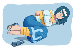 Rule 34 | 1girl, absurdres, arms behind back, bdsm, blue eyes, blue hair, bondage, bound, bound ankles, bound arms, bound wrists, breasts, cleavage, creatures (company), freckles, game freak, highres, lana&#039;s mother (pokemon), lost one zero, mature female, nail polish, nintendo, pokemon, pokemon (anime), pokemon sm (anime), shoes, unworn shoes, tape, tape bondage, toenail polish, toenails