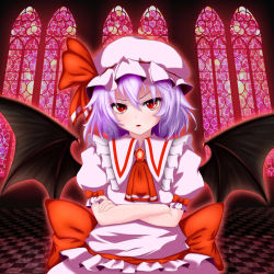 Rule 34 | 1girl, ascot, aura, bat wings, bow, brooch, checkered floor, crossed arms, fang, floor, hat, hat ribbon, highres, indoors, jewelry, light purple hair, looking at viewer, misumo, mob cap, parted lips, puffy short sleeves, puffy sleeves, red eyes, remilia scarlet, ribbon, short hair, short sleeves, skirt, skirt set, slit pupils, solo, stained glass, tile floor, tiles, touhou, window, wings