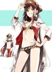 Rule 34 | 1boy, 1girl, adjusting clothes, adjusting headwear, amaichi esora, bikini, binoculars, black hair, cape, fate/grand order, fate (series), frilled bikini, frills, gluteal fold, grin, groin, hand on own hip, hat, headphones, headphones around neck, highres, jacket, long hair, looking at viewer, navel, oda nobukatsu (fate), oda nobunaga (fate), oda nobunaga (koha-ace), oda nobunaga (swimsuit berserker) (fate), oda nobunaga (swimsuit berserker) (first ascension) (fate), oda nobunaga (swimsuit berserker) (second ascension) (fate), on one knee, open clothes, open jacket, peaked cap, red eyes, smile, swimsuit, very long hair, x navel