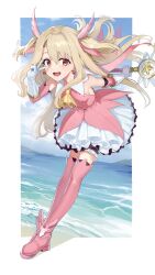 Rule 34 | 1girl, :d, absurdres, black shorts, boots, breasts, commentary request, detached sleeves, earrings, fate/kaleid liner prisma illya, fate (series), full body, gloves, goback, hair between eyes, hand up, highres, holding, illyasviel von einzbern, jewelry, leaning forward, light brown hair, long hair, long sleeves, looking at viewer, open mouth, parted bangs, pink footwear, pink sleeves, pleated skirt, red eyes, shorts, shorts under skirt, skirt, small breasts, smile, solo, thigh boots, two side up, v over eye, very long hair, water, white gloves, white skirt