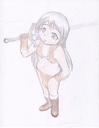 Rule 34 | 1girl, :3, boots, brown footwear, brown gloves, brown vest, from above, fur-trimmed boots, fur-trimmed gloves, fur trim, gloves, grey eyes, hand on own hip, holding, knee boots, loincloth, long hair, looking at viewer, looking up, midriff, navel, omocommando, over shoulder, silver hair, smile, standing, sword, sword over shoulder, vest, weapon, weapon over shoulder