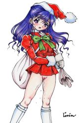 Rule 34 | 1girl, blue hair, boots, bottomless, censored, christmas, cum, dress, female focus, hat, jinjin, no panties, pussy, santa costume, simple background, solo, traditional media, white background