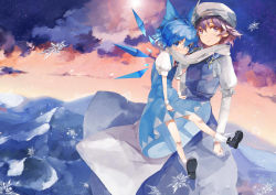 Rule 34 | 2girls, absurdres, blue eyes, blue hair, blush, bow, cirno, cloud, dress, hair bow, hat, highres, ice, ice wings, letty whiterock, mountain, multiple girls, open mouth, pink eyes, pointy ears, puffy sleeves, purple eyes, purple hair, ribbon, saberiii, scarf, shared clothes, shared scarf, shoes, short hair, short sleeves, sky, snowflakes, socks, sunlight, touhou, white scarf, wings, winter