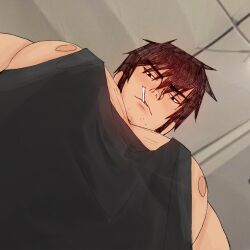 Rule 34 | 1boy, bakenoraa, bara, black tank top, cigarette, foreshortening, from below, highres, large pectorals, looking at viewer, looking down, male focus, meme, muscular, muscular male, nicholas d. wolfwood, nipple slip, nipples, pectoral cleavage, pectoral focus, pectorals, photo-referenced, short hair, sidepec, solo, sparse chest hair, sparse stubble, tank top, thick eyebrows, trigun, trigun stampede, upper body, yur oc like this (meme)