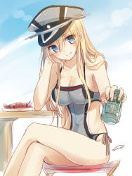 Rule 34 | 10s, 1girl, alcohol, asahi beer, asahi breweries, bad id, bad pixiv id, beer, beer can, bismarck (kancolle), blonde hair, blue eyes, breasts, can, cleavage, crossed legs, drink can, hat, kantai collection, large breasts, long hair, looking at viewer, nunucco, one-piece swimsuit, peaked cap, side-tie bottom, signature, simple background, sitting, sketch, smile, solo, swimsuit