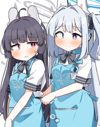 Rule 34 | 2girls, ahoge, angel&#039;s 24 uniform (blue archive), apron, black bow, black hair, blue apron, blue archive, blush, bow, closed mouth, collared shirt, commentary request, dash b, employee uniform, flying sweatdrops, grey hair, hair bow, hair intakes, halo, headgear, highres, long hair, miyako (blue archive), miyu (blue archive), multiple girls, one side up, parted lips, purple eyes, red eyes, shirt, short sleeves, simple background, smile, striped bow, uniform, very long hair, white background, white shirt