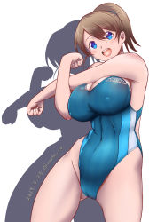 Rule 34 | 1girl, arm across chest, blue eyes, blue one-piece swimsuit, breasts, brown hair, cleavage, clothes writing, competition swimsuit, covered navel, dated, covered erect nipples, intrepid (kancolle), kantai collection, large breasts, looking at viewer, medium hair, moke ro, one-piece swimsuit, open mouth, ponytail, shadow, simple background, solo, stretching, swimsuit, twitter username, upper body, white background