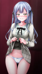 Rule 34 | 1girl, absurdres, artist name, bang dream!, black ribbon, blue hair, blush, bow, bow panties, bowtie, braid, breasts, buttons, cameltoe, clenched teeth, clothes lift, collarbone, commentary, commentary request, cowboy shot, crying, crying with eyes open, embarrassed, gluteal fold, gradient background, grey hair, grey skirt, groin, hair ribbon, highres, lifted by self, long hair, long sleeves, looking at viewer, medium breasts, neck ribbon, nose blush, official alternate costume, paid reward available, panties, plaid, plaid skirt, red background, ribbon, shirt, sidelocks, skirt, skirt lift, solo, standing, tearing up, tears, teeth, thigh gap, tina (pixiv37050289), togawa sakiko, two side up, underwear, watermark, white panties, white shirt, yellow eyes