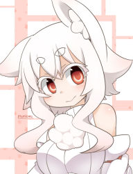 Rule 34 | 1girl, alternate hairstyle, animal ears, bad id, bad pixiv id, colored eyelashes, eyebrows, eyelashes, inubashiri momiji, inunoko., looking at viewer, parody, pom pom (clothes), solo, style parody, thick eyebrows, touhou, upper body, colored eyelashes, white hair, wolf ears