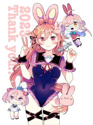 Rule 34 | 2023, 3girls, :3, animal ears, black ribbon, blush, bow, bowtie, breasts, chibi, chinese zodiac, crescent, crescent hair ornament, detached sleeves, double bun, eto (etonomemo1008), fake animal ears, fingernails, frilled leotard, frills, glasses, grey thighhighs, hair between eyes, hair bobbles, hair bun, hair ornament, hair ribbon, highres, kantai collection, leotard, long hair, looking at viewer, makigumo (kancolle), multiple girls, one eye closed, open mouth, pink eyes, pink hair, playboy bunny, rabbit ears, rabbit hair ornament, ribbon, sailor collar, sazanami (kancolle), simple background, sleeves past fingers, sleeves past wrists, small breasts, thigh strap, thighhighs, twintails, uzuki (kancolle), very long hair, w, white background, year of the rabbit, yellow nails