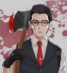 Rule 34 | 1boy, axe, black gloves, black hair, blood, blood on face, bloody weapon, brown eyes, expressionless, glasses, gloves, isa (peien516), joseph oda, male focus, necktie, solo, the evil within, vest, waistcoat, weapon