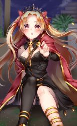 Rule 34 | 1girl, :o, arm at side, between breasts, black dress, black panties, black thighhighs, blonde hair, blush, breasts, building, cape, cleavage, detached sleeves, dress, ereshkigal (fate), fate/grand order, fate (series), long hair, long sleeves, looking at viewer, mashiro aa, md5 mismatch, night, night sky, open mouth, outdoors, palm tree, panties, pantyshot, parted bangs, petals, reaching, reaching towards viewer, red cape, red eyes, resolution mismatch, single bare shoulder, single detached sleeve, single thighhigh, sitting, skull, sky, small breasts, solo, source larger, spine, tareme, thighhighs, tiara, tohsaka rin, tree, two side up, underwear, very long hair