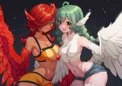Rule 34 | 2girls, ahoge, animal ears, bare shoulders, bird ears, black background, black eyes, blush, braid, breasts, commentary, crop top, denim, denim shorts, english commentary, facial mark, feathers, green eyes, green hair, hair between eyes, hair over one eye, harpy, head wings, highres, long hair, medium breasts, midriff, monster girl, multiple girls, navel, niniidawns, open mouth, original, red feathers, red wings, shorts, sleeveless, sleeveless turtleneck, small breasts, tan, turtleneck, twin braids, white feathers, white wings, winged arms, wings, yellow shorts