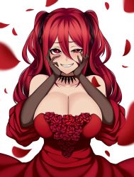 Rule 34 | 1girl, aka noju, bare shoulders, breasts, cleavage, collarbone, commentary request, dress, elbow gloves, falling petals, flower, gloves, grin, hair between eyes, hands on own cheeks, hands on own face, highres, hz (666v), jewelry, large breasts, looking at viewer, necklace, original, petals, red dress, red eyes, rose, rose petals, smile, solo, twintails, white background