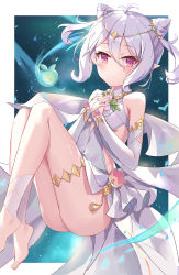 Rule 34 | 1girl, antenna hair, ass, bare shoulders, barefoot, blush, border, bridal gauntlets, circlet, closed mouth, cone hair bun, covered navel, creature, double bun, dress, elf, flat chest, hair between eyes, hair bun, hands on own chest, highres, knees up, kokkoro (ceremonial) (princess connect!), kokkoro (princess connect!), light rays, looking at viewer, outside border, own hands together, panties, pointy ears, princess connect!, purple eyes, serika, silver hair, smile, solo, tassel, tears, thighlet, underwear, white border, white dress, white panties