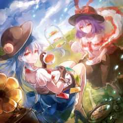 Rule 34 | 2girls, 60mai, album cover, blue hair, blue sky, clock, cloud, cover, cup, dutch angle, food, fruit, gloves, gradient background, hat, hinanawi tenshi, horizon, long hair, multiple girls, nagae iku, pastry, peach, phonograph, purple hair, red eyes, roman numeral, short hair, sky, teacup, tiered tray, touhou