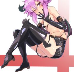 Rule 34 | 1girl, alternate costume, blush, boots, breasts, demon girl, demon horns, demon tail, demon wings, dura, elbow gloves, full body, gloves, highres, horns, looking at viewer, micro bra, navel, neptune (neptunia), neptune (series), one eye closed, purple eyes, purple hair, shoes, short hair, simple background, sitting, small breasts, smile, solo, tail, thighhighs, wings, zettai ryouiki
