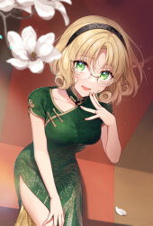 Rule 34 | 1girl, :d, absurdres, black hairband, blonde hair, blurry, blurry foreground, china dress, chinese clothes, collarbone, dress, flower, from above, glasses, green dress, hair intakes, hairband, highres, hououji fuu, jewelry, looking at viewer, looking up, magic knight rayearth, masami (souzou jinsei sanka), medium hair, open mouth, petals, print dress, rimless eyewear, ring, short sleeves, side slit, sitting, smile, solo, white flower