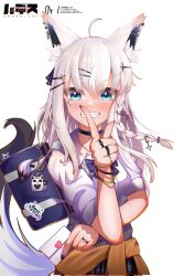 Rule 34 | 1girl, ahoge, animal ear fluff, animal ears, bag, blush, braid, commentary request, earrings, fox ears, fox girl, fox tail, green eyes, grin, hades cat, hair between eyes, hair ornament, hairclip, highres, hololive, index finger raised, jewelry, long hair, looking at viewer, multiple rings, ring, shirakami fubuki, shirt, short sleeves, sidelocks, simple background, single braid, smile, solo, tail, teeth, v-shaped eyebrows, virtual youtuber, white background, white hair, white shirt