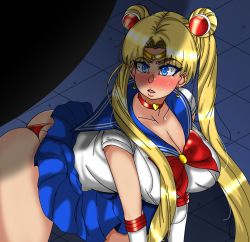 Rule 34 | 1girl, ass, bishoujo senshi sailor moon, blonde hair, blue eyes, blue sailor collar, blush, bow, breasts, choker, cleavage, collarbone, crescent, crescent earrings, derivative work, dress, earrings, front-tie top, gloves, hair ornament, heart, heart choker, highres, inner senshi, jewelry, large breasts, long hair, magical girl, meme, open mouth, panties, pantyshot, red choker, red panties, ribbon, sailor collar, sailor moon, sailor moon redraw challenge (meme), sailor senshi, sailor senshi uniform, screenshot redraw, self-upload, sexually suggestive, side-tie panties, skirt, solo, tongue, tsukino usagi, twintails, underwear