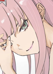 Rule 34 | 1girl, bad id, bad pixiv id, closed mouth, darling in the franxx, green eyes, highres, long hair, looking at viewer, nail polish, pink hair, pink lips, pink nails, portrait, sasasa r 23, smile, solo, zero two (darling in the franxx)