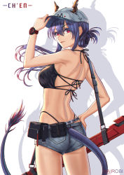 Rule 34 | 1girl, adjusting clothes, adjusting headwear, arknights, ass, bare arms, bare shoulders, baseball cap, bikini, black bikini, blue hair, breasts, ch&#039;en (arknights), ch'en (arknights), character name, chi xiao (arknights), commentary, cowboy shot, dragon horns, dragon tail, drop shadow, female tourist c (arknights), from behind, grey shorts, hair between eyes, halterneck, hand up, hat, highres, horns, horns through headwear, long hair, looking at viewer, looking back, medium breasts, nairobi song, official alternate costume, pouch, red eyes, short shorts, shorts, solo, standing, swimsuit, tail, thighs, watch, wristwatch