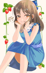 Rule 34 | 1girl, absurdres, bare arms, bare legs, blue dress, blush, brown hair, commentary request, dated, dress, feet out of frame, food, fruit, happy birthday, highres, idolmaster, idolmaster cinderella girls, knees up, looking at viewer, sitting, sleeveless, sleeveless dress, smile, solo, strawberry, tachibana arisu, ye0ro