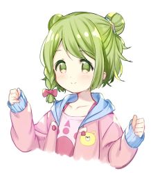 Rule 34 | 1girl, blush, bow, braid, closed mouth, collarbone, commentary, cropped torso, double bun, drawstring, green eyes, green hair, hair bow, hair bun, hood, hood down, hooded jacket, jacket, long sleeves, looking at viewer, meito (maze), morinaka kazaki, nijisanji, open clothes, open jacket, pink bow, pink jacket, pink shirt, shirt, short hair, side braid, simple background, single braid, sleeves past wrists, smile, solo, upper body, virtual youtuber, white background