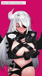 Rule 34 | !, ..., 1girl, 3:, ahoge, black gloves, blush, bracer, breast hold, breasts, buckle, cain (gunnermul), cleavage, closed mouth, closers, commentary, cowboy shot, cross-laced clothes, demon girl, demon horns, demon wings, dot nose, embarrassed, eyelashes, eyepatch, eyes visible through hair, fingerless gloves, full-face blush, gloves, grey eyes, hair between eyes, hands up, high collar, highres, horns, huge breasts, korean text, leaning forward, levia (closers), long hair, long sleeves, looking away, motion lines, one eye covered, parted bangs, pink background, raised eyebrows, revealing clothes, shoulder spikes, silver hair, simple background, single horn, solo, spikes, spoken ellipsis, spoken exclamation mark, standing, strap, sweat, translation request, very long hair, wings