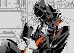 Rule 34 | 1boy, 1other, aak (arknights), animal ear piercing, animal ears, arknights, black hair, black jacket, black nails, black pants, border, braid, commentary, couch, dated, doctor (arknights), gloves, holding, holding paper, hood, hooded jacket, indoors, jacket, knees up, leaning on person, looking at another, looking up, monitor, nishi juuji, orange hair, orange shirt, pants, paper, pill bottle, shirt, side braid, slit pupils, spot color, white gloves