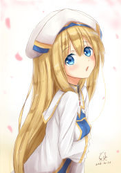 Rule 34 | 10s, 1girl, blonde hair, blue eyes, breasts, dress, from side, goblin slayer!, hat, long hair, looking at viewer, open mouth, priestess (goblin slayer!), reiya, small breasts, solo, upper body, very long hair, white dress