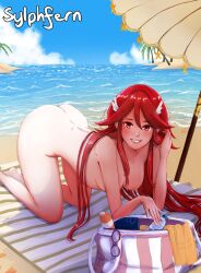 Rule 34 | 1girl, all fours, alternate breast size, artist name, ass, bag, beach, beach umbrella, blue sky, blush, bottle, breasts, commission, commissioner upload, completely nude, cordelia (fire emblem), dimples of venus, fire emblem, fire emblem awakening, glasses, hand in own hair, hanging breasts, highres, long hair, looking at viewer, lotion, medium breasts, nintendo, nipples, nude, palm tree, red eyes, red hair, sky, smile, solo, sunscreen, sylphfern, teeth, towel, tree, umbrella, very long hair, water, water bottle, waves, wing hair ornament