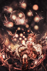 Rule 34 | 1girl, bird, bird wings, blunt bangs, boots, branch, brown eyes, brown footwear, brown hair, brown headwear, brown skirt, brown vest, candle, closed mouth, collared shirt, commentary, feathered wings, feathers, fireflies, full body, full moon, hand up, highres, lantern, long sleeves, looking at object, moon, mystia lorelei, night, shirt, short hair, skirt, skirt set, smile, solo, tonan (l0l0l0l0l0l), touhou, vest, white shirt, winged hat, wings