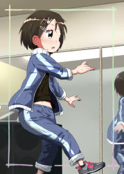 Rule 34 | 1girl, ashida ichirou, black shirt, blush, brown eyes, brown hair, rabbit hair ornament, exercising, grey footwear, hair ornament, hairclip, idolmaster, idolmaster cinderella girls, jacket, leg up, midriff peek, mirror, navel, open clothes, open jacket, open mouth, outstretched arms, pants, pants rolled up, pink footwear, sasaki chie, shirt, shoes, short hair, sleeves rolled up, sneakers, solo, sweat, track suit