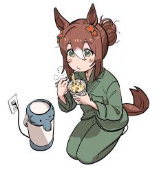 Rule 34 | 1girl, :3, absurdres, animal ears, blouse, blush, brown hair, chopsticks, clover hair ornament, e-ncyo, electrical outlet, fine motion (umamusume), full body, green eyes, green pajamas, green pants, green shirt, hair between eyes, hair bun, hair ornament, highres, holding, holding chopsticks, horse ears, horse girl, horse tail, long sleeves, looking at viewer, medium hair, multicolored hair, nissin cup noodle, pajamas, pants, seiza, shirt, simple background, single hair bun, sitting, solo, steam, tail, two-tone hair, umamusume, white background