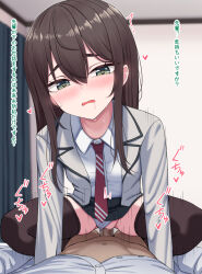 Rule 34 | 1boy, 1girl, black skirt, black thighhighs, blazer, blush, brown hair, censored, clothed sex, clothing aside, collared shirt, commentary request, cowgirl position, drooling, girl on top, green eyes, hair between eyes, hetero, highres, indoors, jacket, long hair, looking at viewer, mosaic censoring, necktie, open clothes, open jacket, open mouth, original, panties, panties aside, penis, pov, red necktie, sex, shirt, skirt, solo focus, speed lines, straddling, thighhighs, translation request, underwear, vaginal, white panties, white shirt, yakob labo