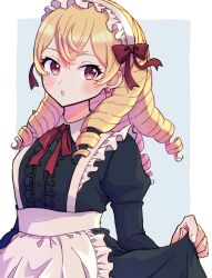 Rule 34 | 1girl, apron, black dress, blonde hair, bow, dress, drill hair, earrings, fire emblem, fire emblem awakening, gogatsu (yeaholiday), hair bow, highres, jewelry, long hair, long sleeves, looking at viewer, maid, maid apron, maid headdress, maribelle (fire emblem), nintendo, parted lips, red bow, red eyes, skirt hold, solo, sphere earrings, upper body