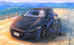 Rule 34 | 1boy, black footwear, blue hair, blue pants, car, closed mouth, commentary request, green jacket, highres, honda, honda cr-z, jacket, male focus, momo hiki, motor vehicle, open clothes, open jacket, original, outdoors, pants, personification, shoes, smile, sneakers, solo, vehicle focus
