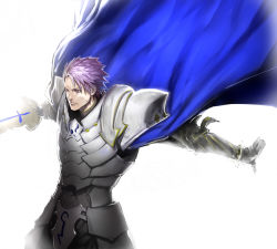 Rule 34 | 1boy, armor, backlighting, blue cape, cape, fate/grand order, fate (series), feet out of frame, fighting stance, frown, kasei yukimitsu, lancelot (fate/grand order), looking to the side, male focus, pauldrons, purple hair, short hair, shoulder armor, solo, white armor, white background