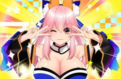 Rule 34 | animal ear fluff, animal ears, bare shoulders, blue kimono, blue ribbon, breasts, cleavage, commentary, detached sleeves, double v, emotional engine - full drive, fate/extella, fate/extra, fate/grand order, fate (series), fox ears, fox girl, fox tail, hair ribbon, hands up, highres, japanese clothes, kashima mashino, kimono, large breasts, lipstick, makeup, nail polish, one eye closed, parody, pink hair, ribbon, sparkle, tail, tamamo (fate), tamamo no mae (fate/extra), v, v over eye, yellow eyes