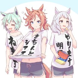 Rule 34 | 3girls, ?, alternate costume, animal ears, blue eyes, breasts, brown eyes, chips (food), clothes writing, collarbone, commentary request, dolphin shorts, drooling, empty eyes, grey hair, hair ornament, hairclip, highres, hishi miracle (umamusume), horse ears, horse girl, horse tail, kk tofu, light brown hair, low twintails, medium breasts, medium hair, messy hair, mouth drool, multiple girls, navel, potato chips, seiun sky (umamusume), shirt, shirt writing, short twintails, shorts, simple background, sleepy, snack, tail, tears, translation request, twintails, umamusume, venus paques (umamusume), white background