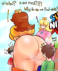 Rule 34 | !, 2boys, 2girls, age difference, ass, bar censor, blonde hair, breasts, brown eyes, bulge, censored, clothes, covered eyes, crown, english text, erection, erection under clothes, highres, horndog, huge ass, large breasts, long hair, mario (series), medium hair, multiple boys, multiple girls, nintendo, open clothes, princess, princess daisy, princess peach, robe, short hair, size difference