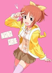Rule 34 | 1girl, abe nana, bow, breasts, brown eyes, brown hair, casual, cowboy shot, hair bow, highres, hood, hoodie, idolmaster, miniskirt, open clothes, open hoodie, open mouth, pink background, pink thighhighs, ponytail, shimejirou, shirt, skirt, smile, solo, thighhighs
