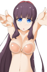 Rule 34 | 10s, 1girl, :o, blue eyes, blunt bangs, blush, bow, breast padding, breasts, hair bow, highres, hinata masaki, long hair, looking at viewer, mole, mole on breast, new game!, outstretched arms, purple hair, solo, takimoto hifumi