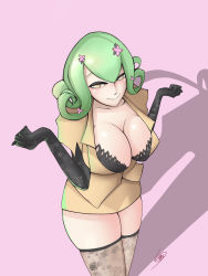 Rule 34 | 1girl, 1other, artist request, between breasts, black gloves, black shirt, blouse, breast press, breasts, cleavage, digimon, digimon story: cyber sleuth, digimon story: cyber sleuth hacker&#039;s memory, elbow gloves, floral print, formal, gloves, green hair, hair ornament, highres, jacket, kishibe rie, large breasts, lips, looking at viewer, lordknightmon, orange eyes, pencil skirt, pink background, puffy sleeves, shadow, shirt, skirt, skirt suit, smile, solo, suit, thick thighs, thighhighs, thighs, yellow eyes, yellow skirt