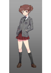 Rule 34 | 1girl, absurdres, alisa (girls und panzer), black neckwear, black socks, blazer, blush, border, breasts, brown eyes, brown footwear, brown hair, contrapposto, emblem, freckles, frilled skirt, frills, girls und panzer, grey background, grey jacket, hair ornament, hands in pockets, highres, jacket, kneehighs, letterboxed, loafers, looking at viewer, red skirt, saunders (emblem), saunders school uniform, school uniform, shoes, short hair, short twintails, skirt, small breasts, socks, solo, star (symbol), star hair ornament, twintails, white border