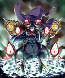 Rule 34 | 1girl, axe, black hair, broken ground, crossed arms, dress, floating, floating object, full body, glowing, glowing eyes, grin, hat, headphones, highres, horns, jaco, knife, long hair, looking at viewer, original, polearm, red eyes, smile, solo, standing, weapon, witch hat