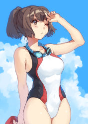 Rule 34 | 1girl, blue sky, breasts, brown eyes, brown hair, cloud, competition swimsuit, day, goggles, goggles around neck, hair ribbon, ise (kancolle), kantai collection, large breasts, looking up, mitsuyo (mituyo324), multicolored clothes, multicolored swimsuit, one-piece swimsuit, ponytail, ribbon, short hair, sky, solo, swimsuit, white one-piece swimsuit
