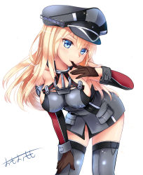 Rule 34 | 10s, 1girl, anchor hair ornament, arm warmers, bad id, bad pixiv id, bismarck (kancolle), biting, blonde hair, blue eyes, breasts, cross, detached sleeves, dress, glove biting, gloves, grey thighhighs, hair between eyes, hair ornament, halterneck, hand on own knee, hat, highres, iron cross, kantai collection, kriegsmarine, large breasts, leaning forward, long hair, looking at viewer, military hat, mouth hold, omoomomo, peaked cap, shiny clothes, short dress, sideboob, signature, sleeveless, sleeveless dress, smile, solo, thighhighs, thighs